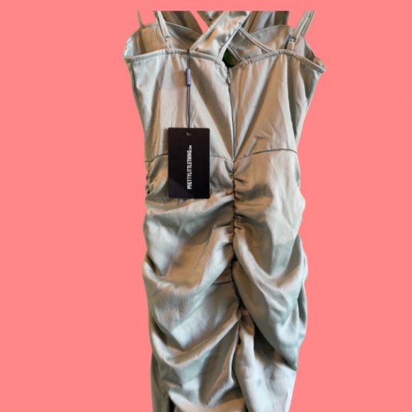 Sage Green Satin Cross Back Ruched Corset Midi Dress - Picture 6 of 9